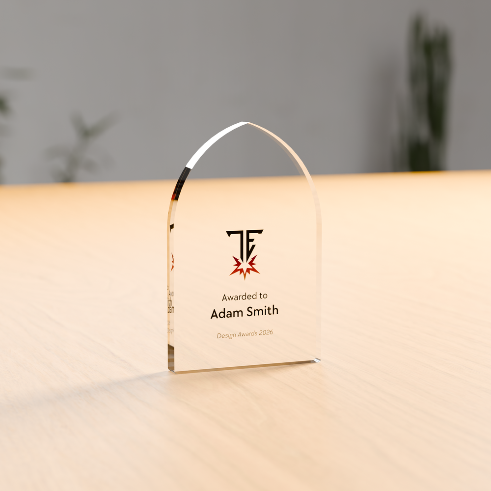 Freestanding gothic arch acrylic award in 12mm clear acrylic, UV-printed on the reverse - Trade Engraving
