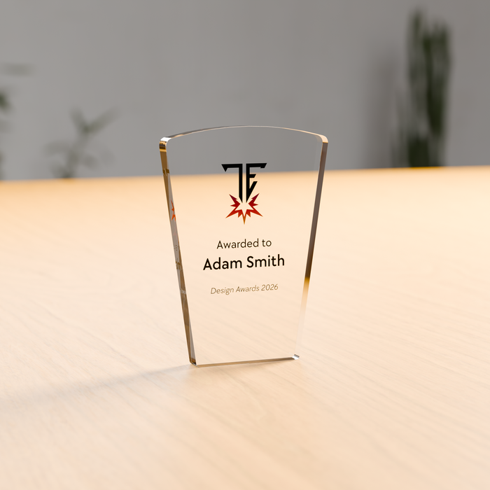 Freestanding keystone acrylic award in 12mm clear acrylic, UV-printed on the reverse - Trade Engraving