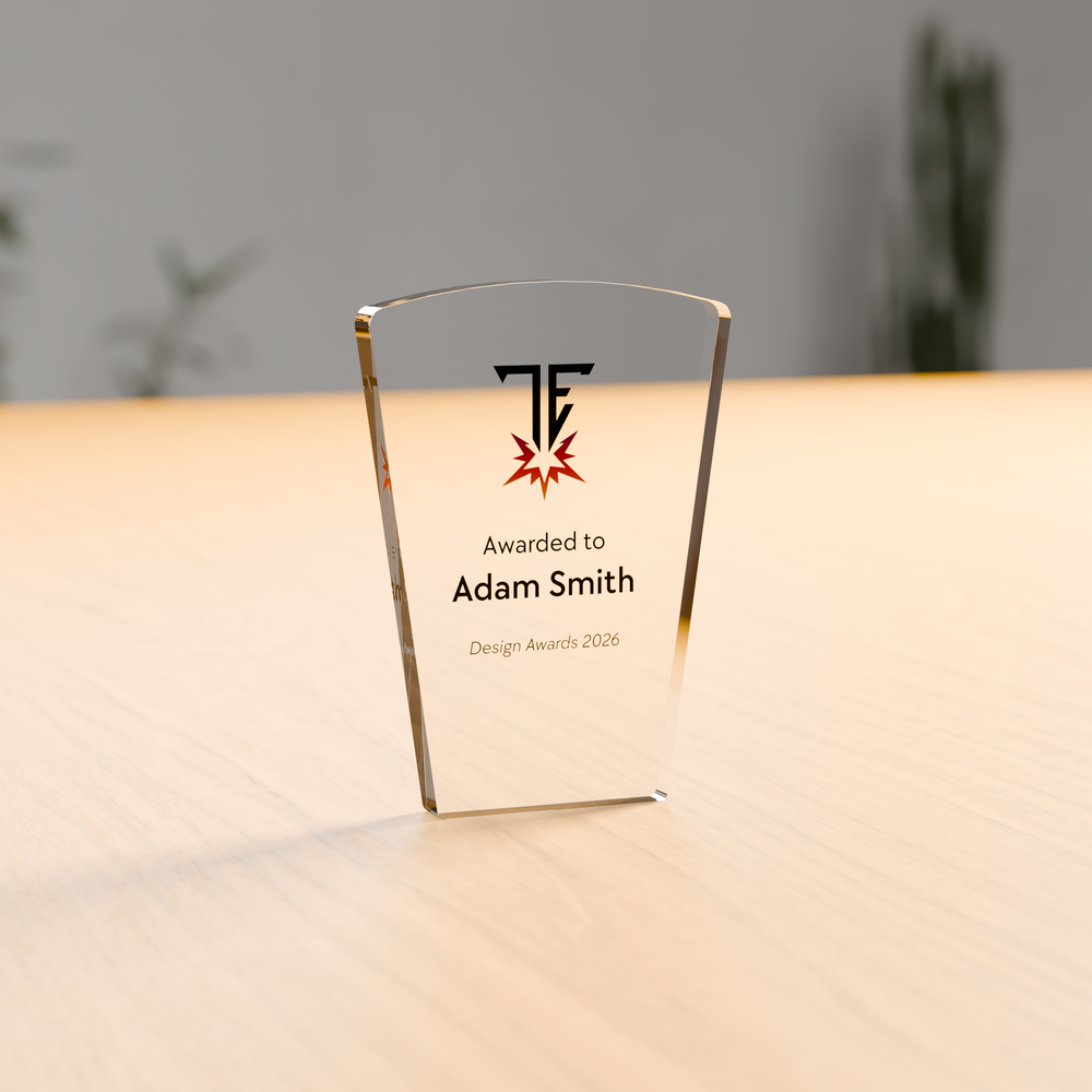 Freestanding keystone acrylic award in 12mm clear acrylic, UV-printed on the reverse - Trade Engraving