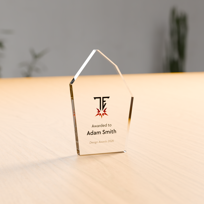 Freestanding shard acrylic award in 12mm clear acrylic, UV-printed on the reverse - Trade Engraving