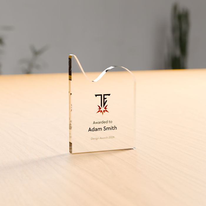 Freestanding wave acrylic award in 12mm clear acrylic, UV-printed on the reverse - Trade Engraving