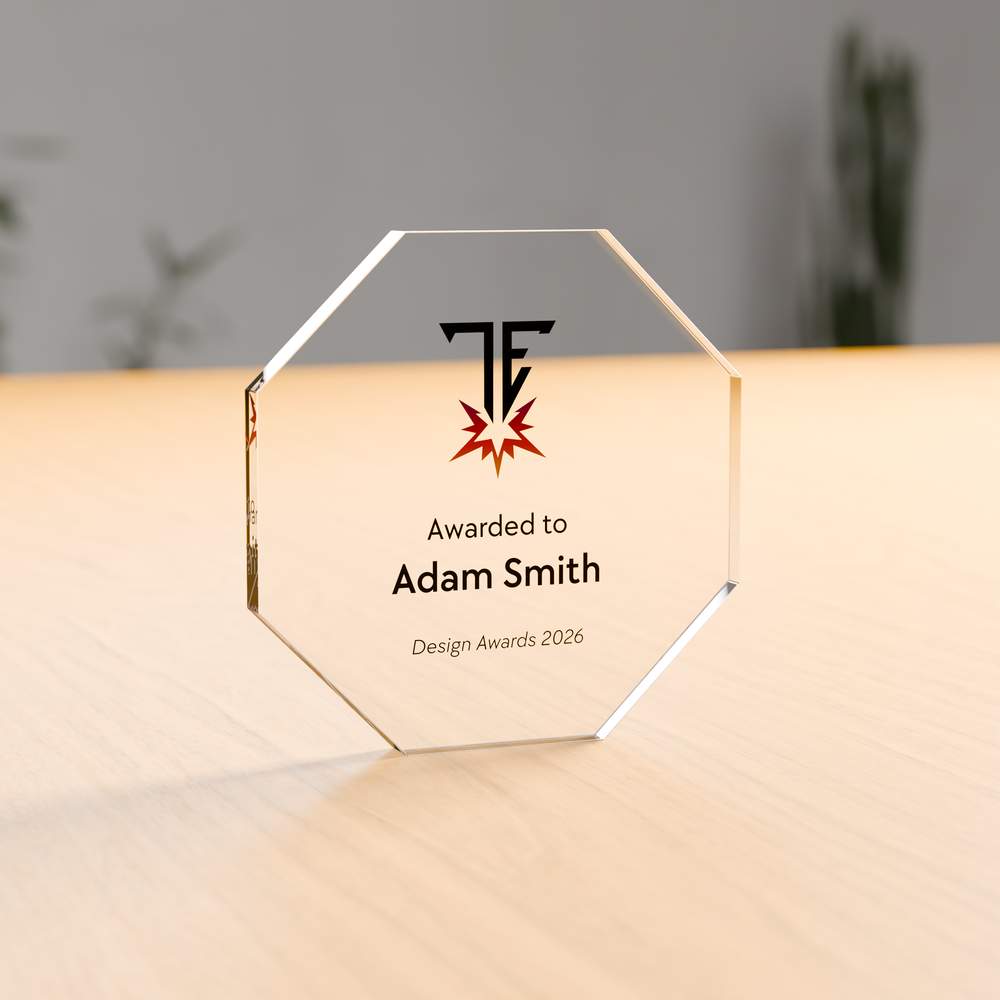 Freestanding octagon acrylic award in 12mm clear acrylic, UV-printed on the reverse - Trade Engraving