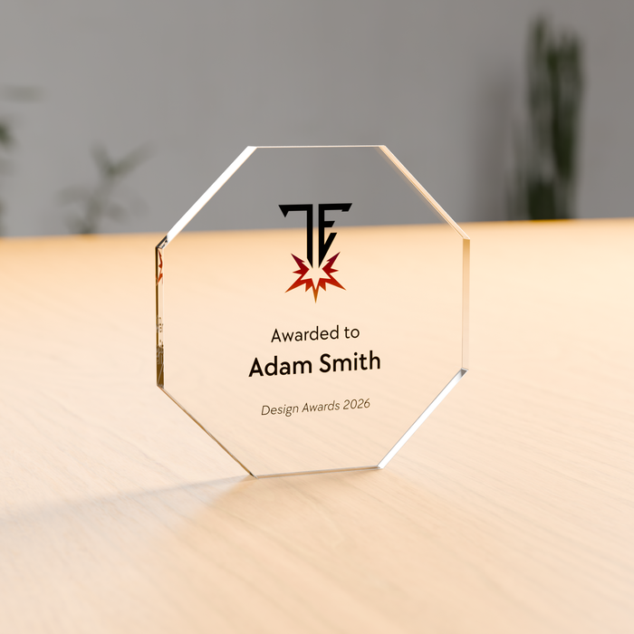 Freestanding octagon acrylic award in 12mm clear acrylic, UV-printed on the reverse - Trade Engraving