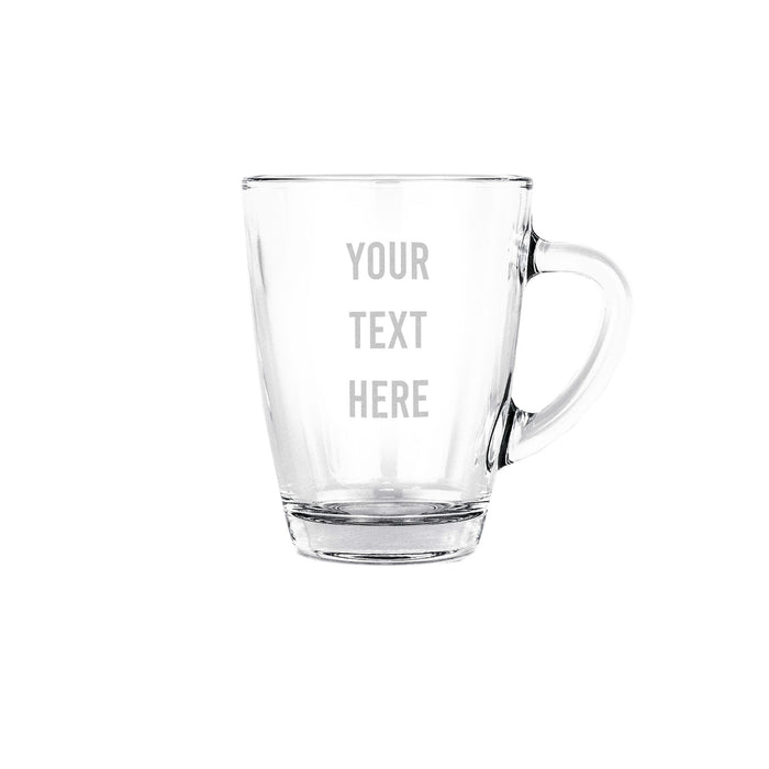 Custom engraved glass mug with handle and laser-etched logo - Trade Engraving UK