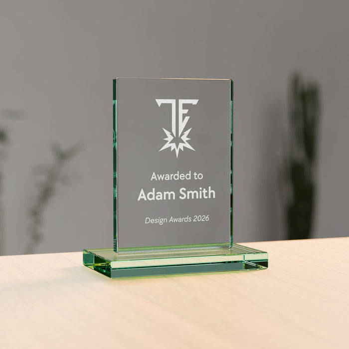 Jade Glass Rectangle Award - 90mm, engraved to order - Trade Engraving UK