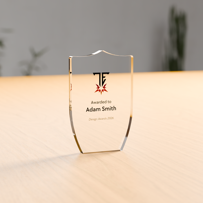 Freestanding crest acrylic award in 12mm clear acrylic, UV-printed on the reverse - Trade Engraving