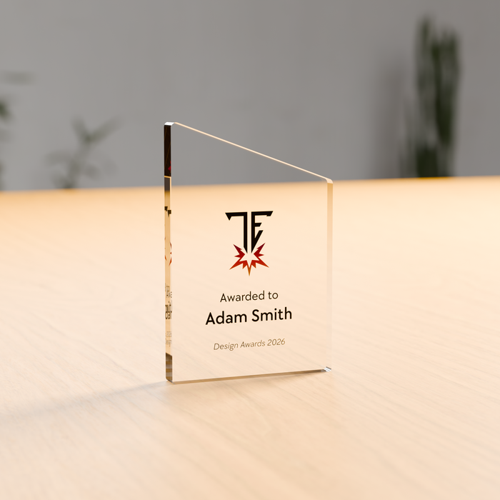 Freestanding edge acrylic award in 12mm clear acrylic, UV-printed on the reverse - Trade Engraving