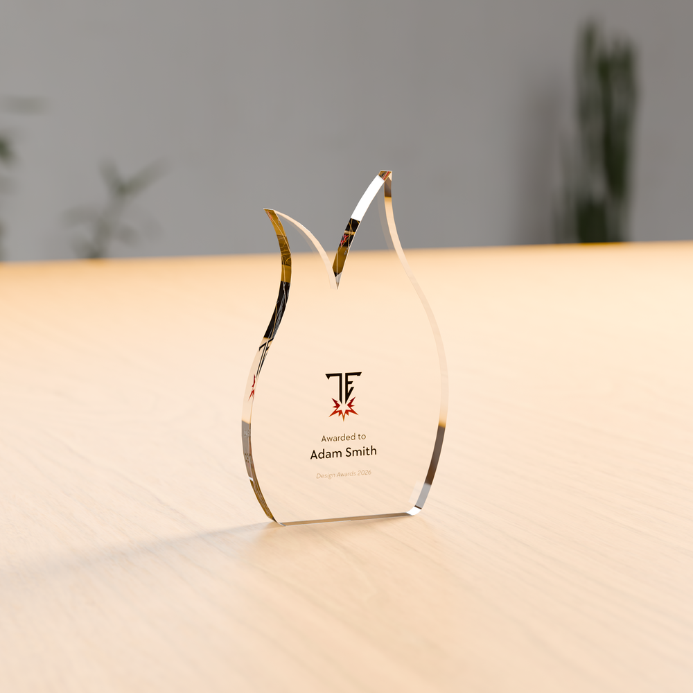 Freestanding flame acrylic award in 12mm clear acrylic, UV-printed on the reverse - Trade Engraving