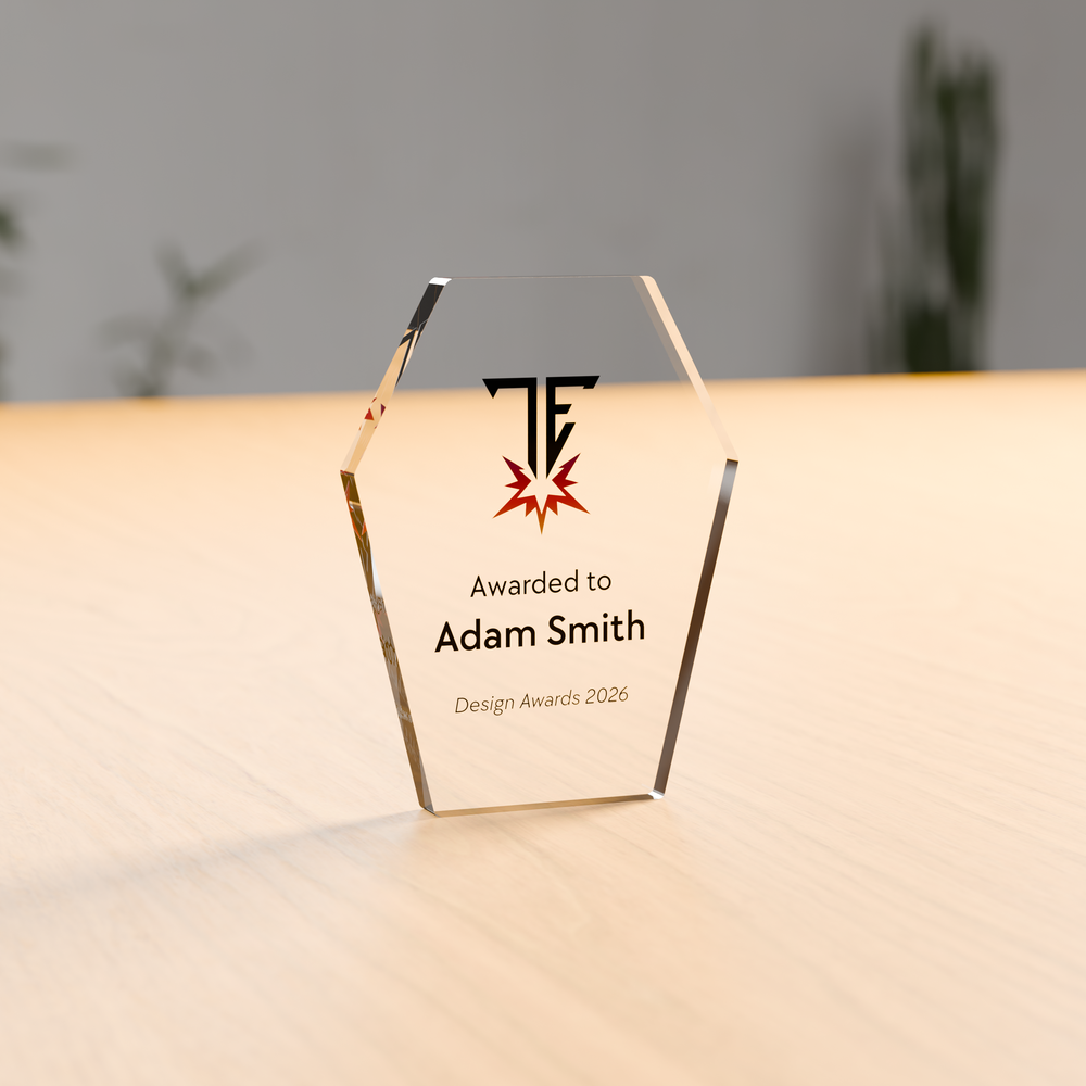 Freestanding gem acrylic award in 12mm clear acrylic, UV-printed on the reverse - Trade Engraving