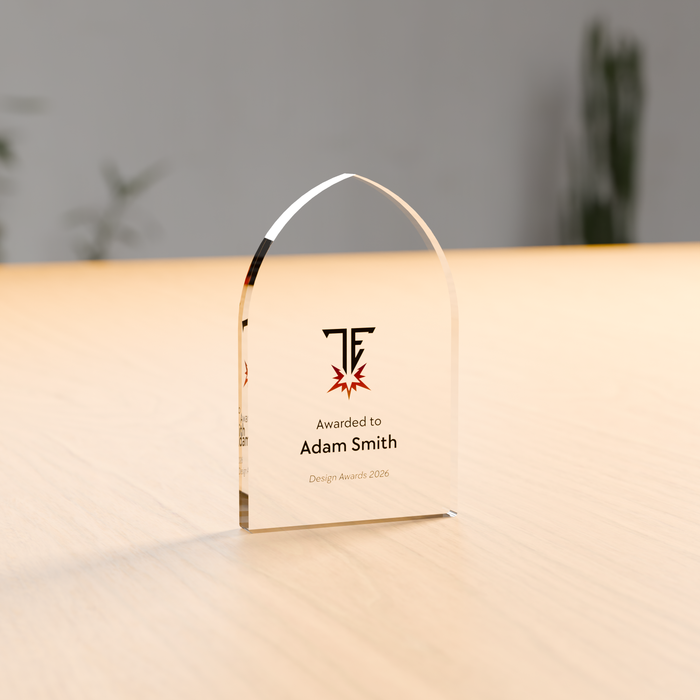 Freestanding gothic arch acrylic award in 12mm clear acrylic, UV-printed on the reverse - Trade Engraving