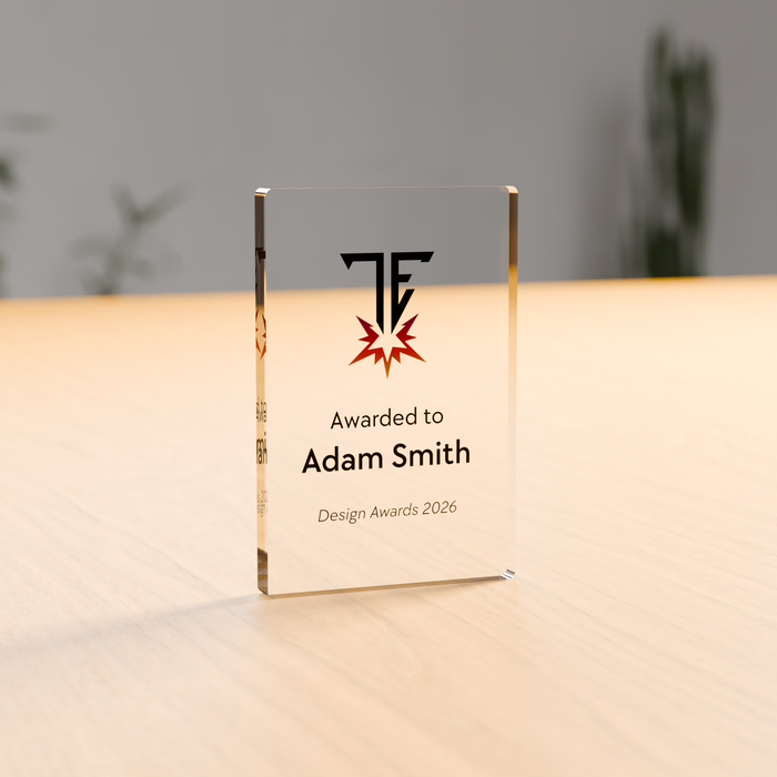 Freestanding rectangle acrylic award in 12mm clear acrylic, UV-printed on the reverse - Trade Engraving