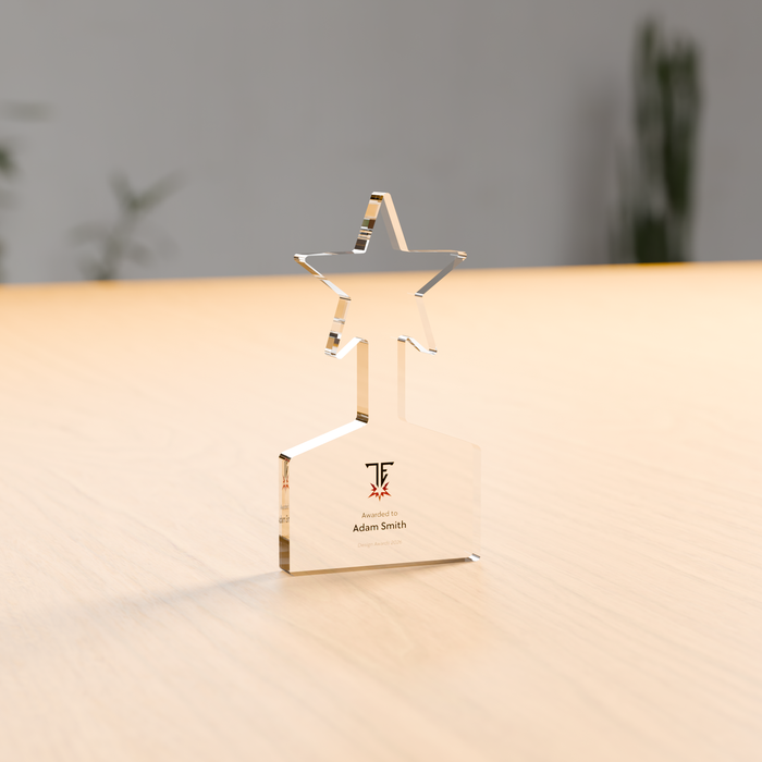 Freestanding rising star acrylic award in 12mm clear acrylic, UV-printed on the reverse - Trade Engraving