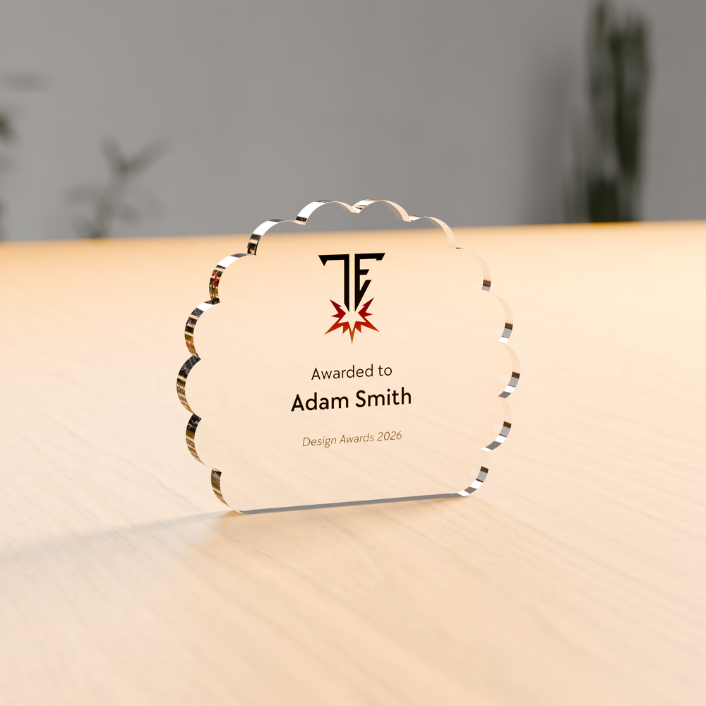 Freestanding rosette acrylic award in 12mm clear acrylic, UV-printed on the reverse - Trade Engraving