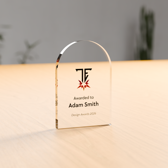 Freestanding tablet acrylic award in 12mm clear acrylic, UV-printed on the reverse - Trade Engraving