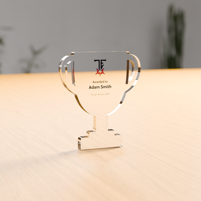 Freestanding trophy cup acrylic award in 12mm clear acrylic, UV-printed on the reverse - Trade Engraving