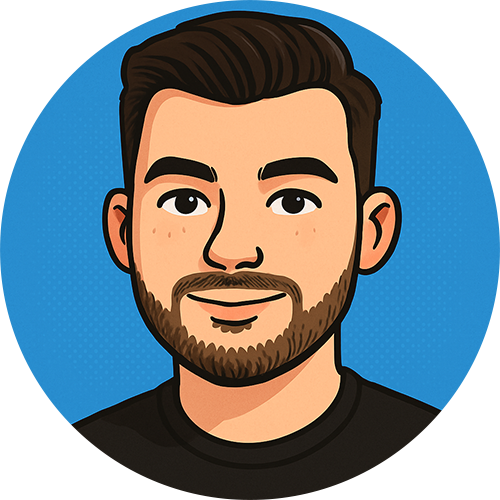 A cartoon avatar of a smiling man with brown hair and a beard, wearing a black shirt against a blue halftone background.