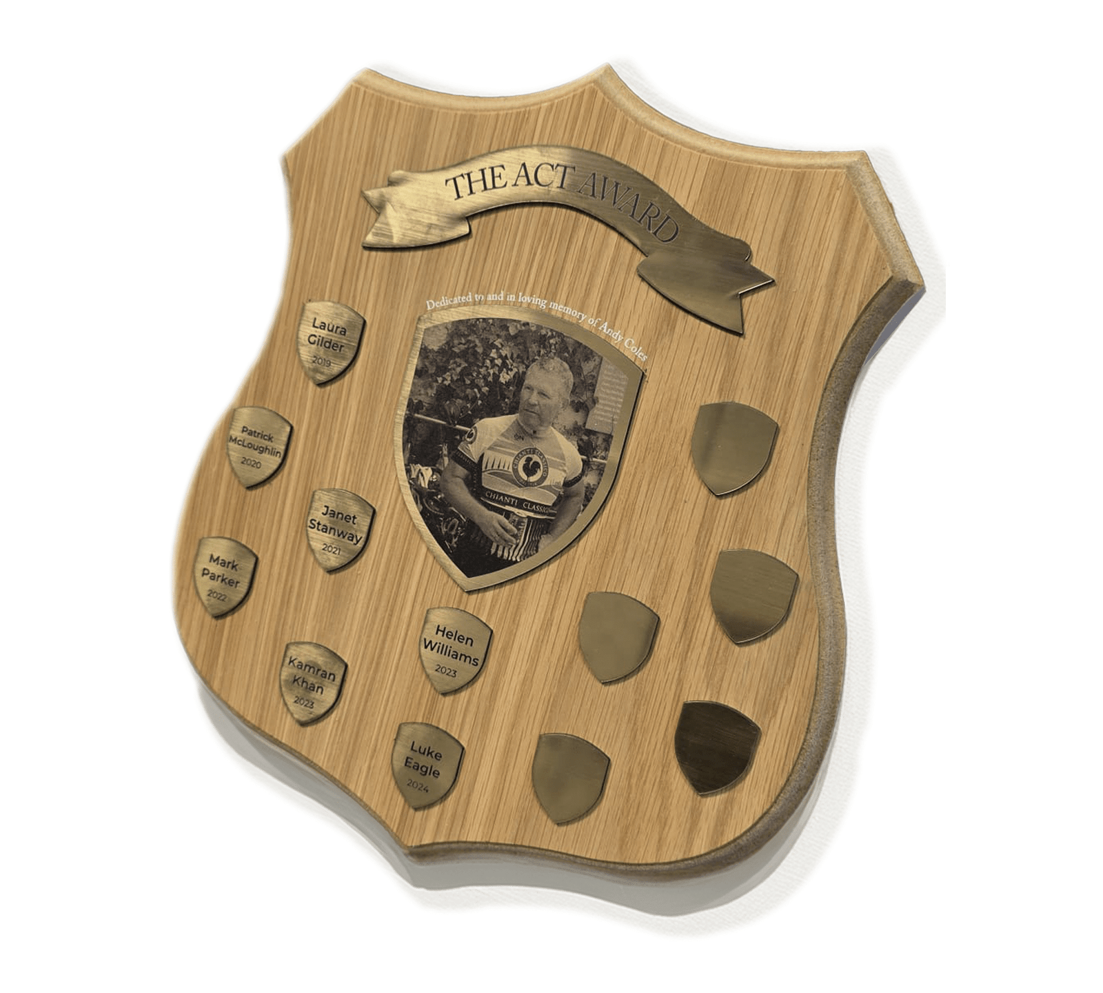 The-ACT-Award-wooden-plaque-featuring-a-memorial-photo-of-Andy-Coles-and-brass-engraved-honor-plates-for-recipients.