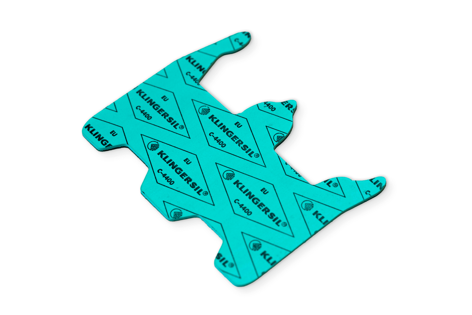Custom-cut teal Klingersil C-4400 fiber gasket with repeating brand text, isolated on a clean white background.