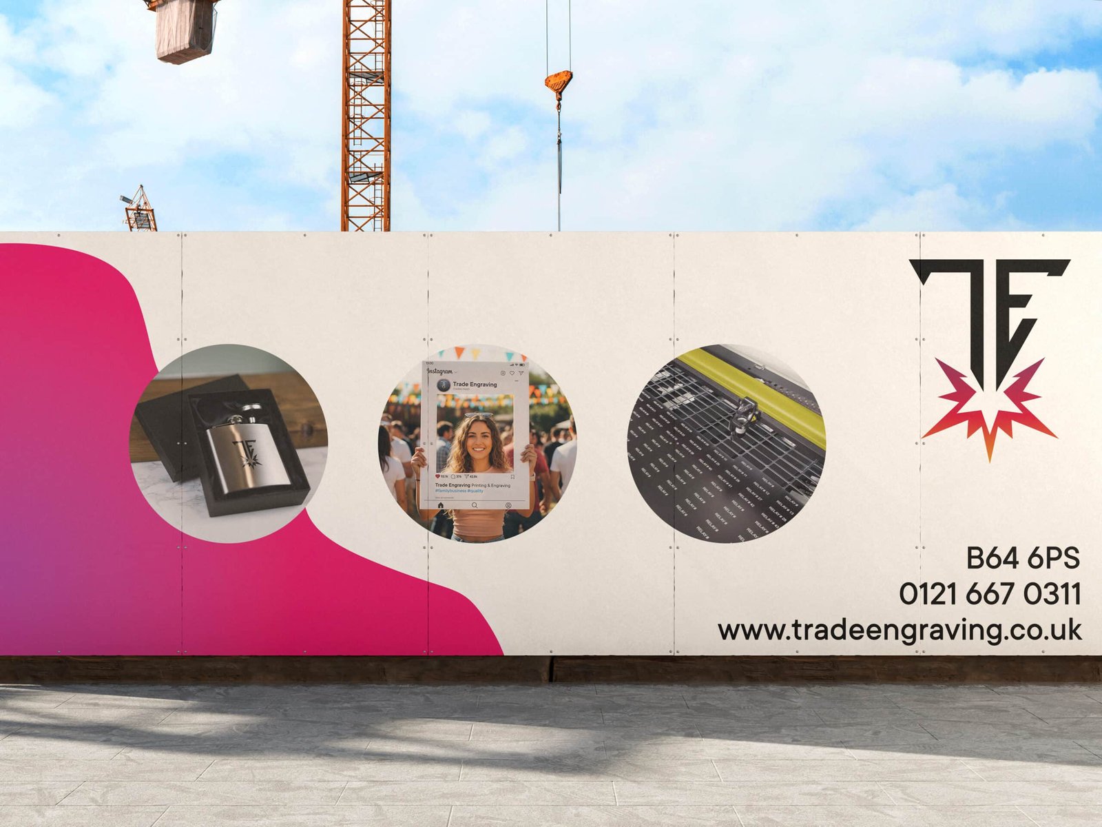 Outdoor advertising hoarding for Trade Engraving at a construction site, featuring engraved products, social media, and contact details.