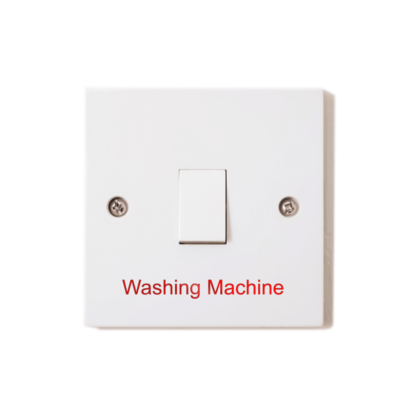 A close-up of a white rectangular electrical wall switch with a single white toggle, two silver screws, and 'Washing Machine' paint infilled text in red, isolated on a white background.