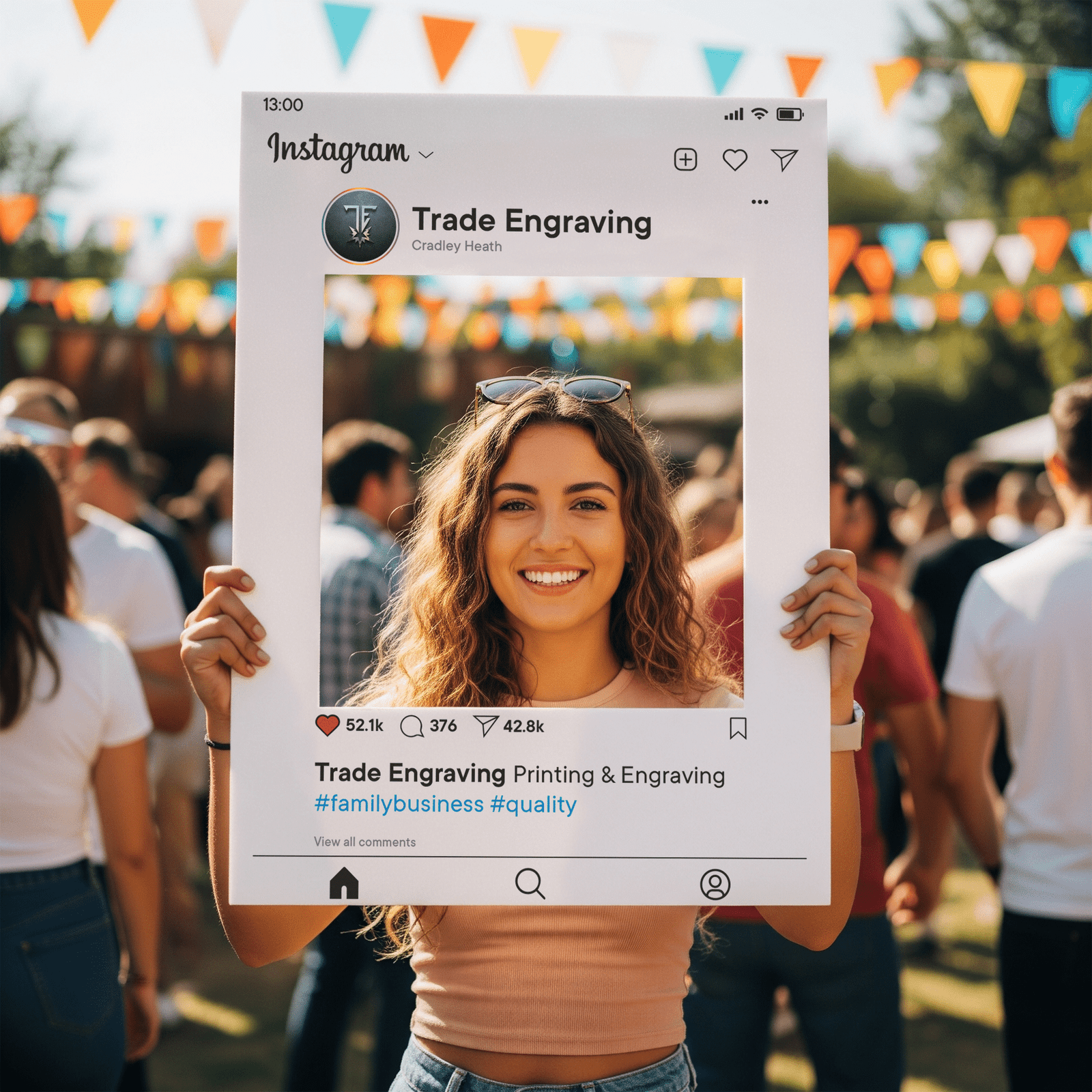 A smiling woman holds a large Instagram photo frame featuring 'Trade Engraving' at an outdoor event with colorful bunting flags.