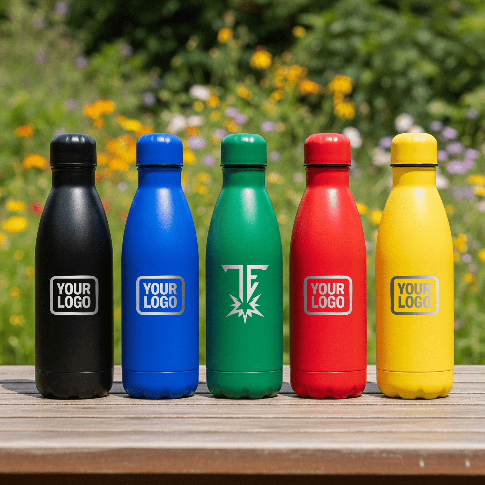 Five vibrant, custom-branded insulated water bottles in black, blue, green, red, and yellow, on a wooden table outdoors.