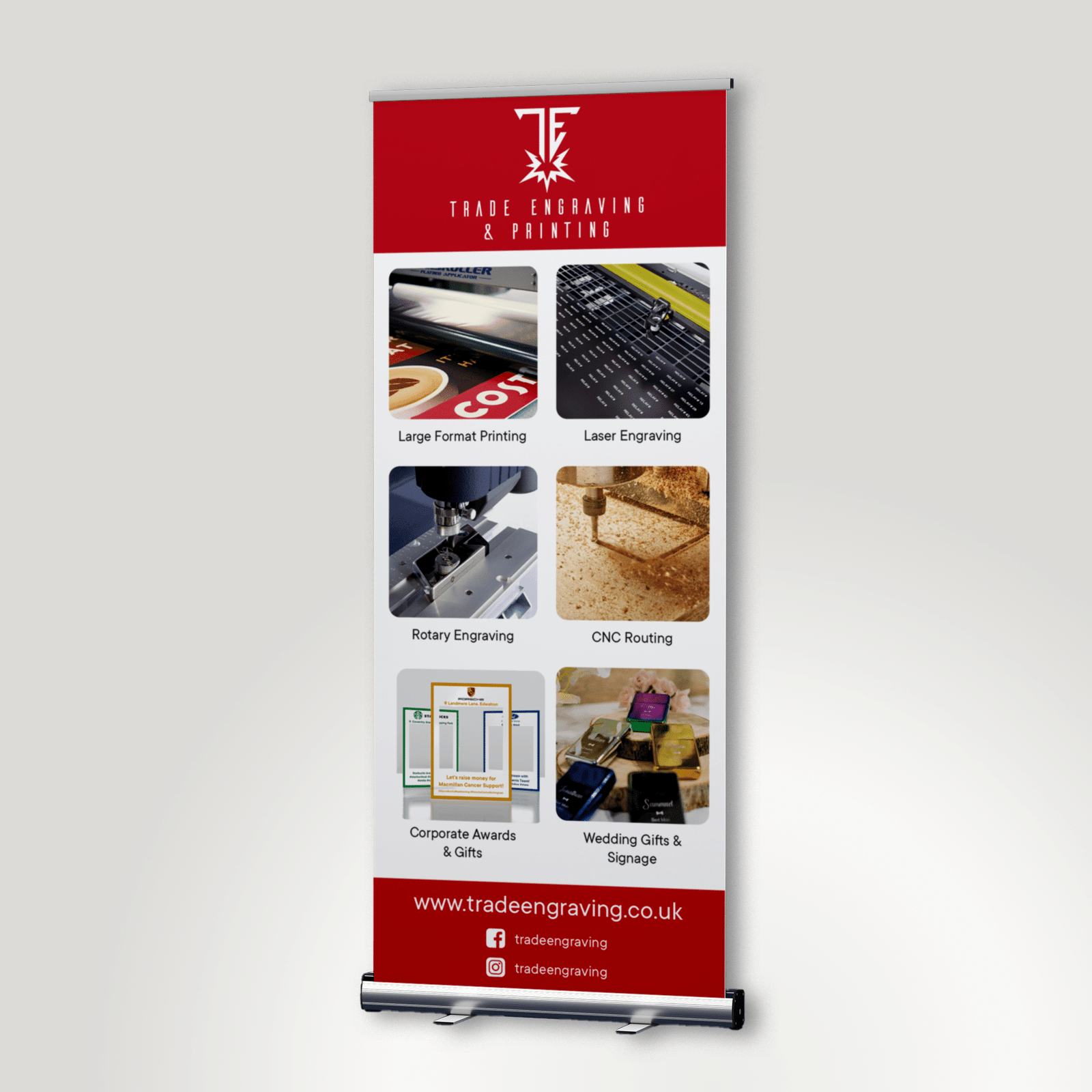 Trade Engraving & Printing pull-up banner displaying services: large format printing, laser, rotary, CNC engraving, corporate & wedding gifts.