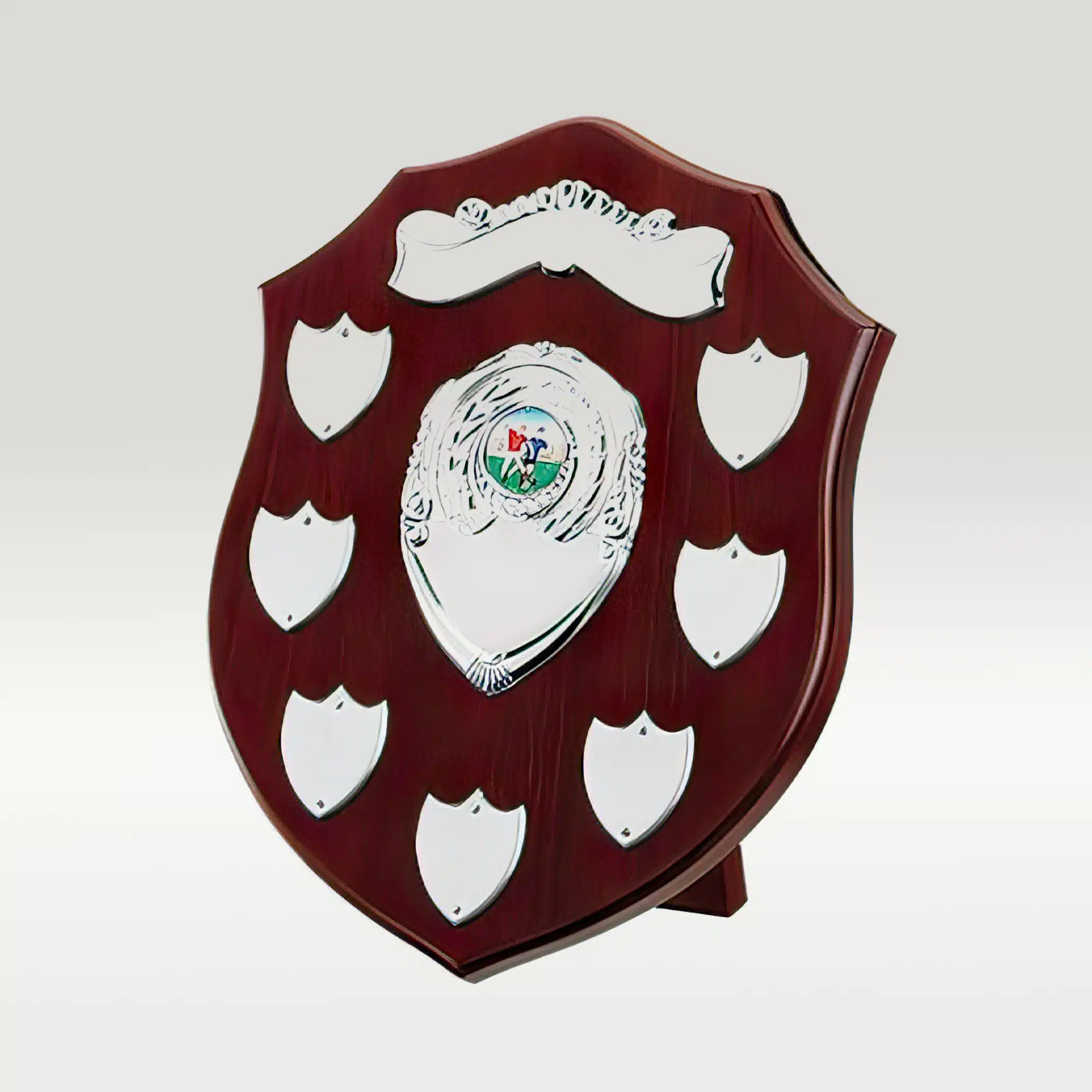 Engraved wooden shields and trophy plaques at trade prices