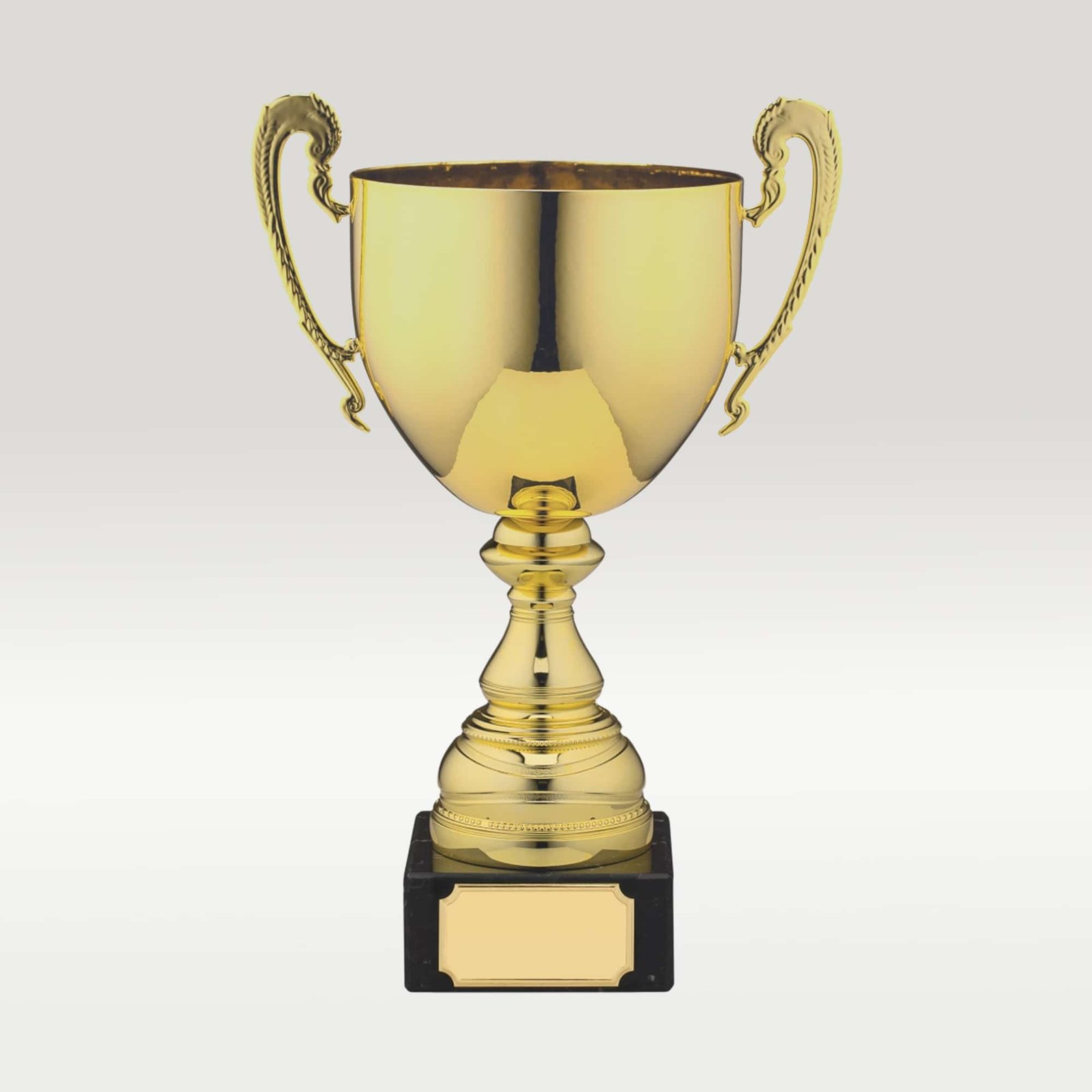 A gleaming golden trophy with ornate handles and a black marble base, featuring a blank gold plaque ready for customization.